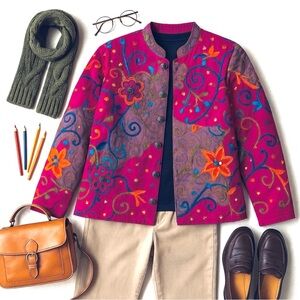 VTG 90s Artisan Embroidered Wearable Art Jacket Magenta Patchwork Plus 2X